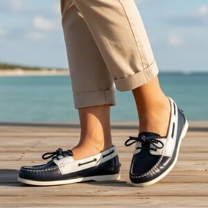 NEW AMERICAN LIVING BOAT SHOES “WANDA” 8M WHITE/BLUE FLATS NAUTICAL LOAFERS